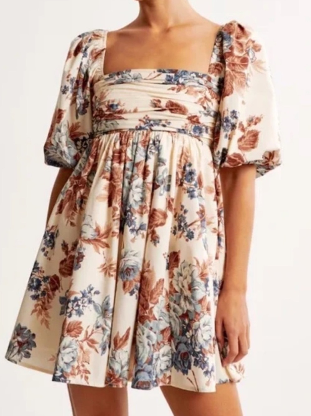 Abercrombie Fitch Emerson Mini Dress with Pockets Brown Blue Floral Puff Sleeve